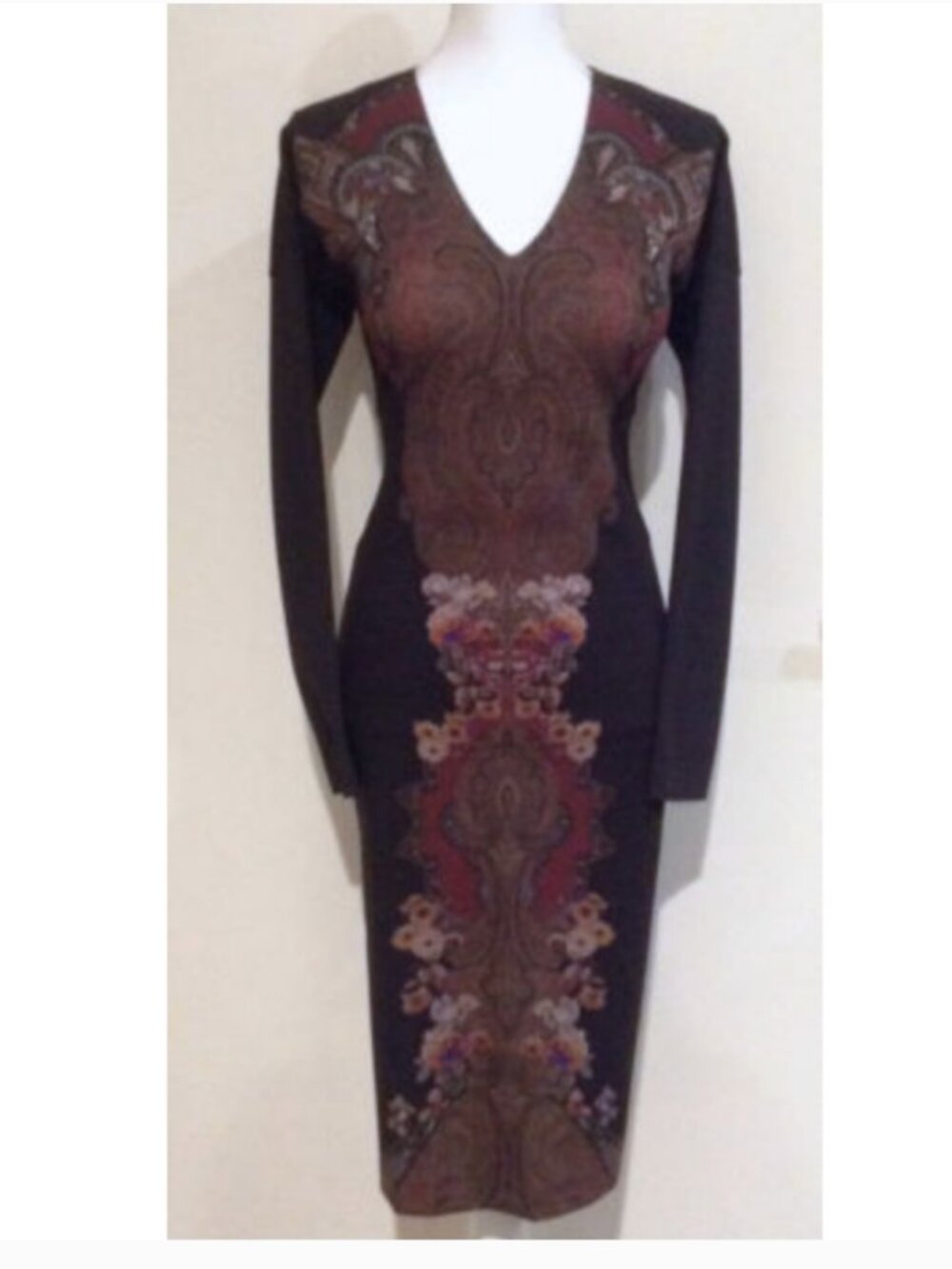 ETRO stretchy wool  black & burgundy Long Sleeve cone Dress IT 42 US 4/6 - Picture 14 of 17